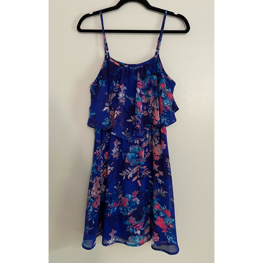 Blue and Pink Floral Dress with Top Ruffle